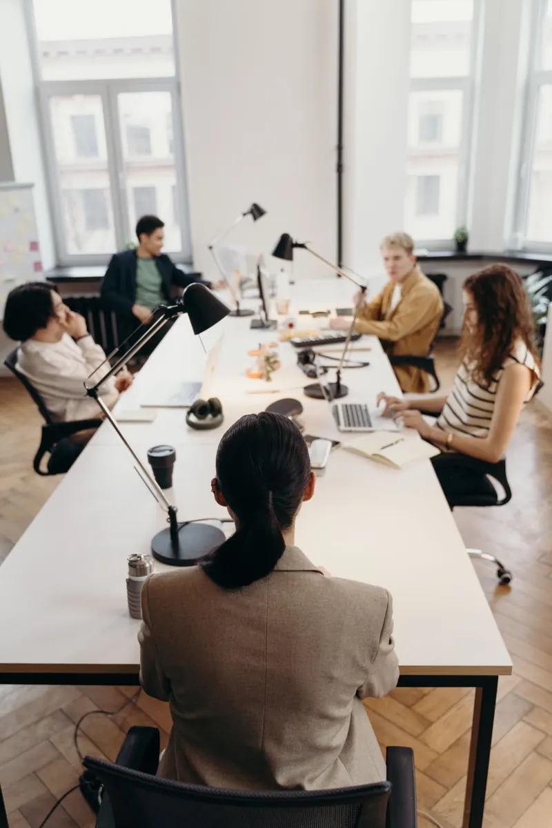 Colleagues in a meeting at a long office table